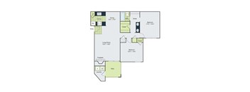 A floor plan of a house with a living room, two bedrooms, a kitchen, a dining room, a bathroom, a patio, and a laundry area.