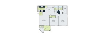 A floor plan of a house with a living room, two bedrooms, a patio, and a laundry area.
