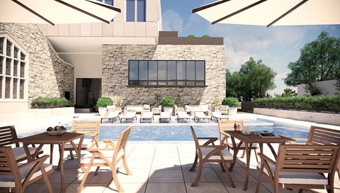 a rendering of a patio with tables and chairs by a pool