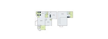 A floor plan of a house with a living room, two bedrooms, a bathroom, and a laundry area.