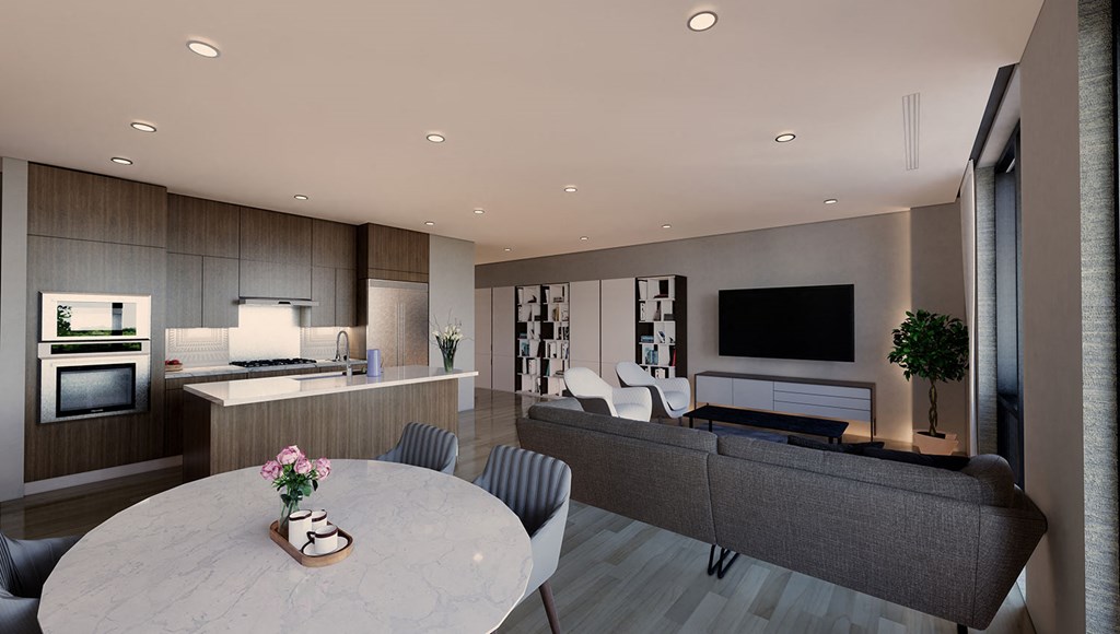 a rendering of a living room with a dining table and a kitchen