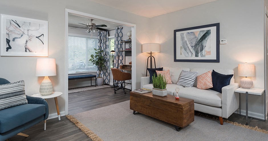 a living room with a couch and a coffee table