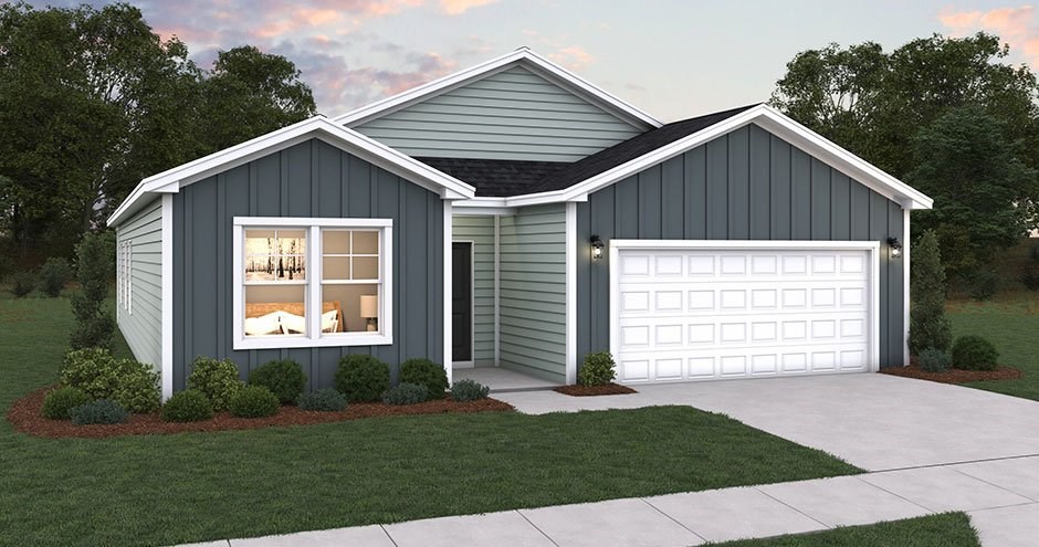 A modern house with a grey exterior and a white garage door.