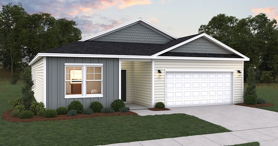 A modern house with a grey front and a white garage door.