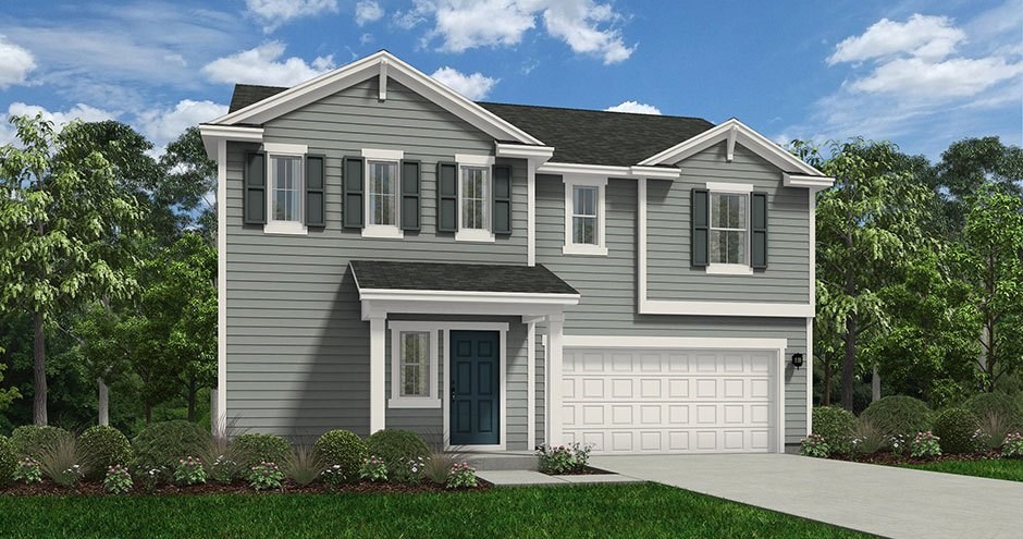 A two-story house with a garage and a front porch.