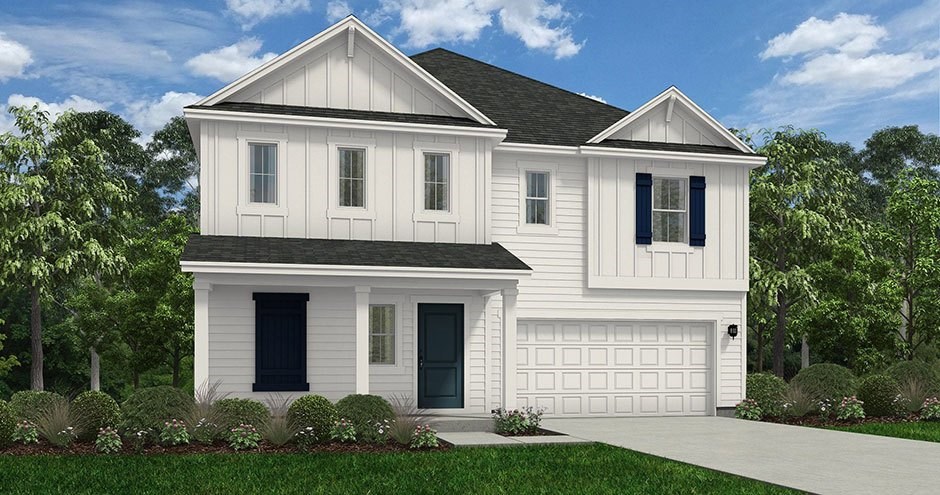 A white house with a black garage door and a black window.