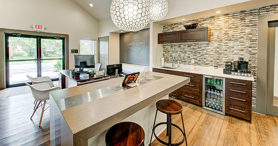 a large kitchen with a counter top