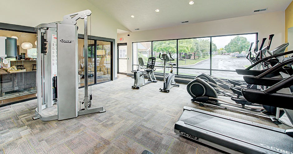 the gym is stocked with cardio equipment and a window view