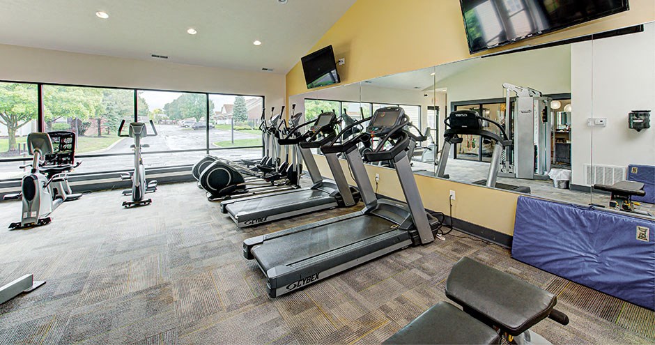 the gym has plenty of cardio equipment and a large window