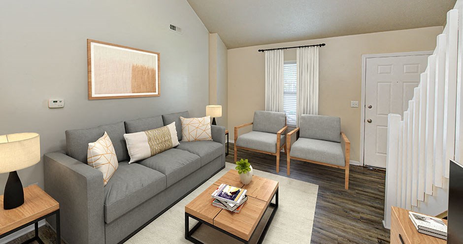 a living room with a couch and a coffee table