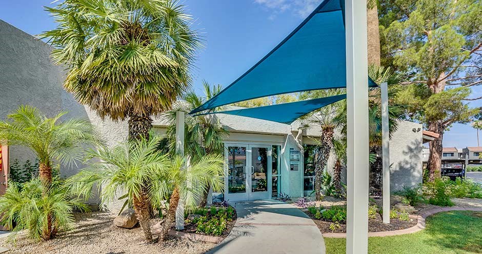 a house with palm trees and a sidewalk in front of it