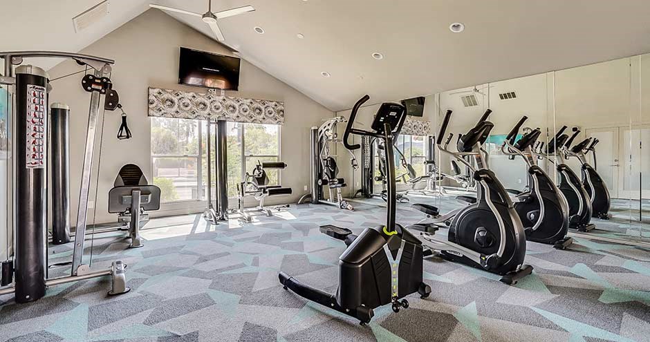 a gym with a bunch of exercise equipment in it