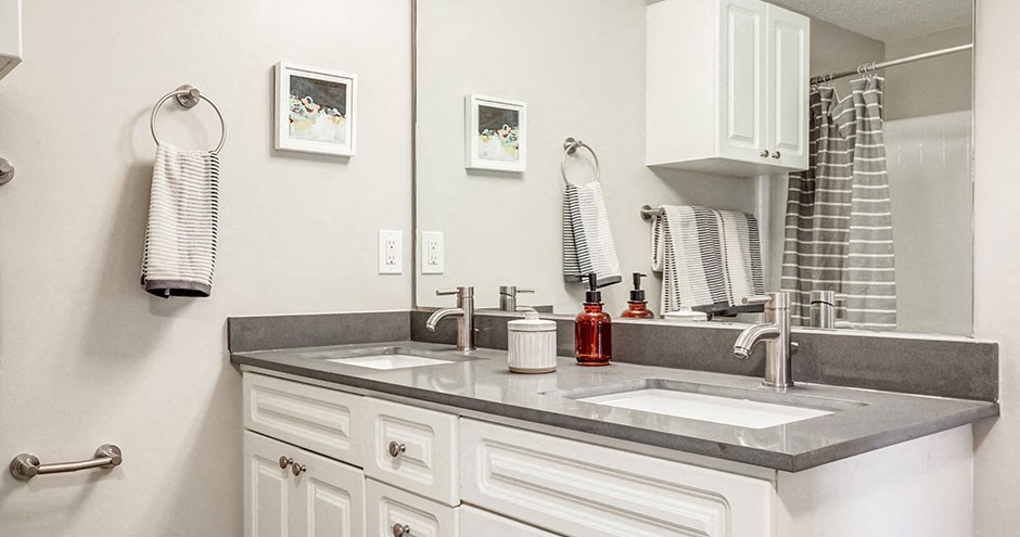 a bathroom with two sinks and a mirror