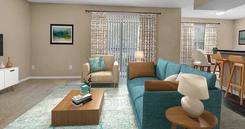 a living room with a couch and a table