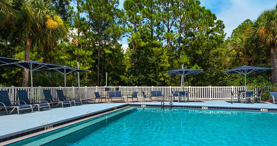 a swimming pool with chairs and umbrellas next to it