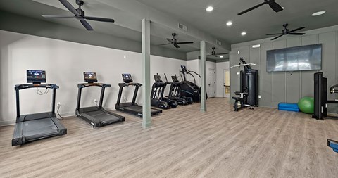 A gym with treadmills, exercise bikes, and other equipment.