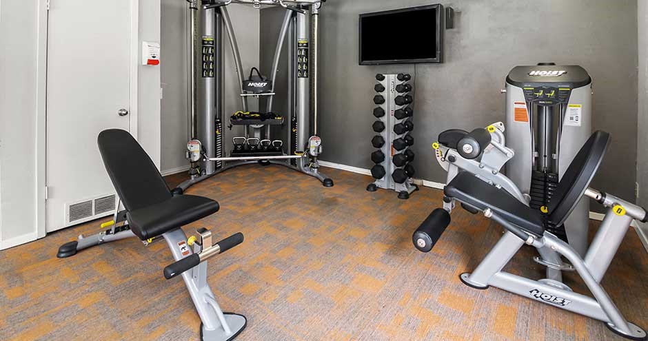 a home gym with exercise equipment and a television