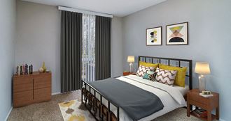 a bedroom with a bed and curtains