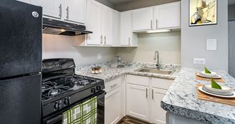 a kitchen with a stove and a sink