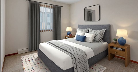 a bedroom with a bed and a mirror