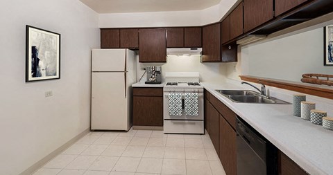 a kitchen with a stove refrigerator and a sink
