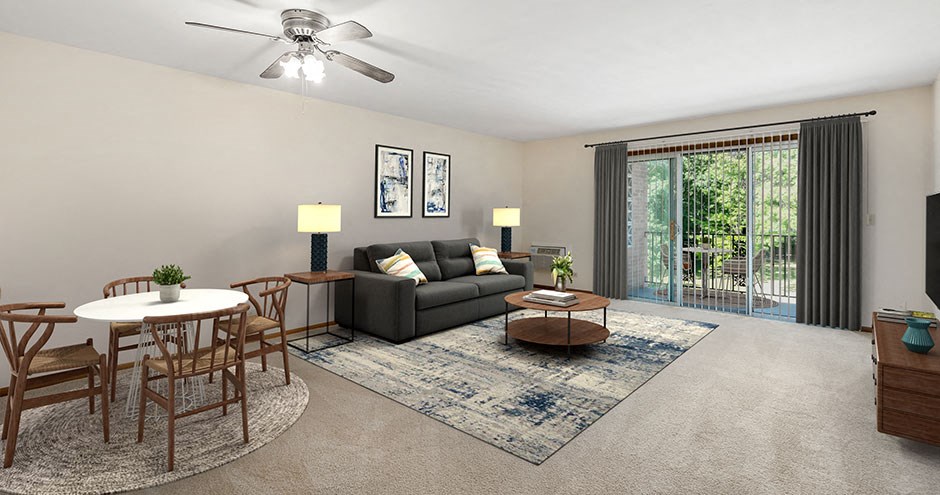 a living room with a couch and a table