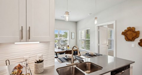 A modern kitchen with a stainless steel sink and a window overlooking a backyard.