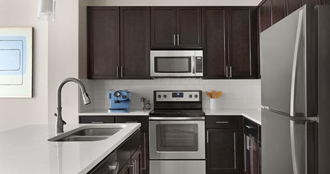 A modern kitchen with dark brown cabinets and stainless steel appliances.