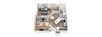 A 3D floor plan of a small apartment with a bedroom, living room, kitchen, and bathroom.