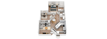 A 3D floor plan of a small apartment with a bedroom, living room, kitchen, and bathroom.