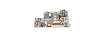 A 3D rendered image of a house layout.
