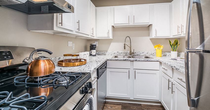 a white kitchen with a stove and a sink