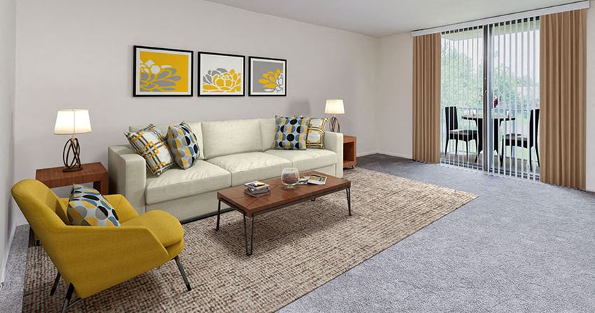 a living room with a couch and a table