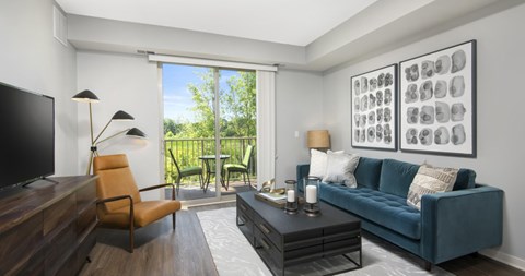 A living room with a blue couch and a television.