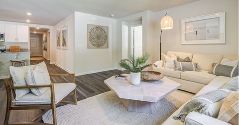 A living room with a white couch, a wooden chair, and a coffee table with a plant on it.