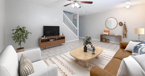 a living room with a couch and a table