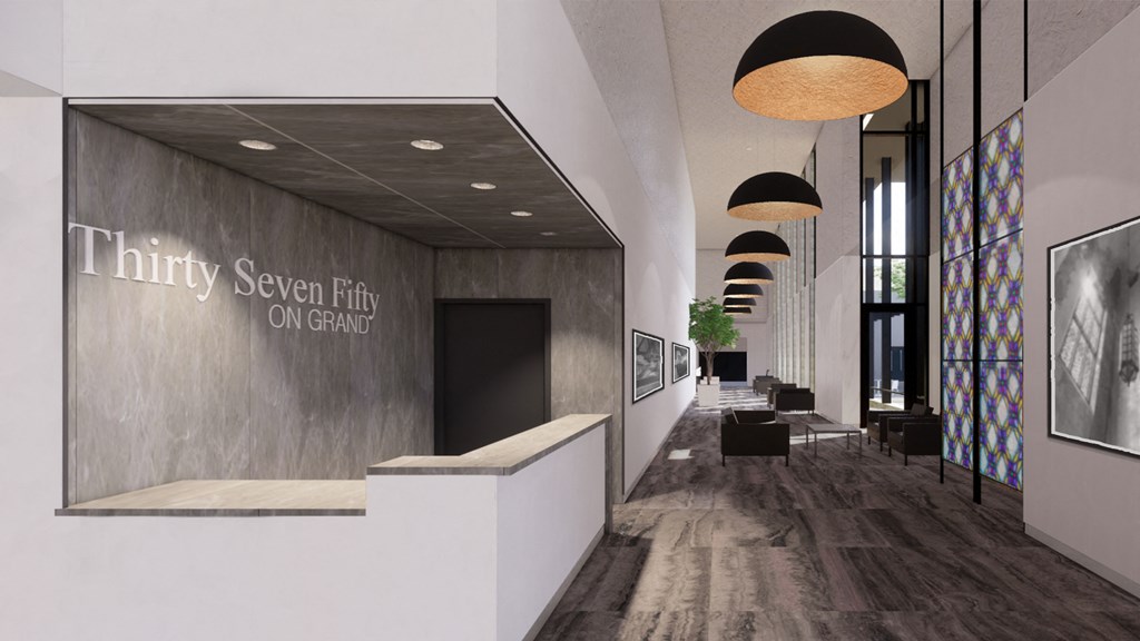 a rendering of a lobby with a reception area and a reception desk