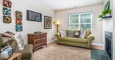 a living room with a couch and a fireplace