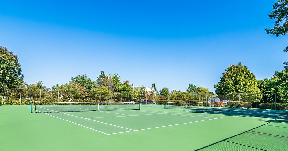 a tennis court with trees and a blue sky