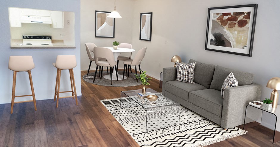 a living room with a couch and a table