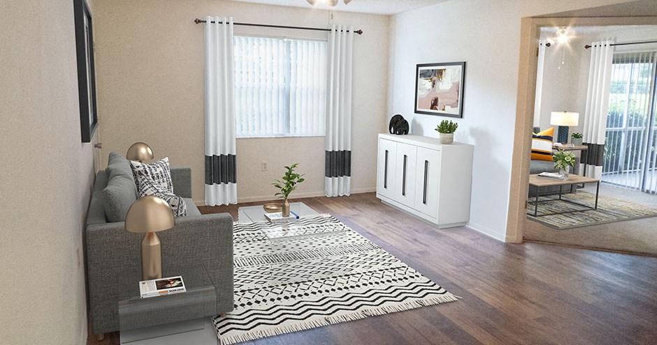 a living room with a couch and a rug