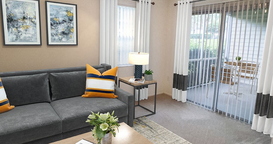 a living room with a couch and a table