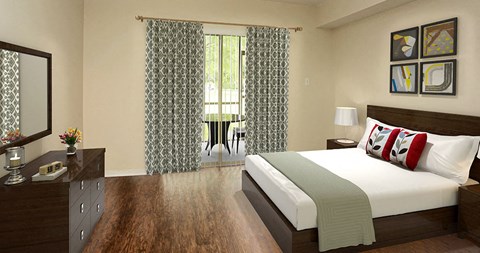 a bedroom with a bed and a window with curtains