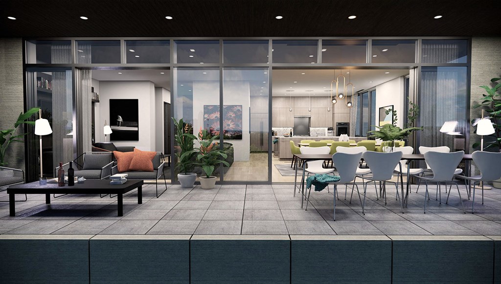 a rendering of a living room with tables and chairs