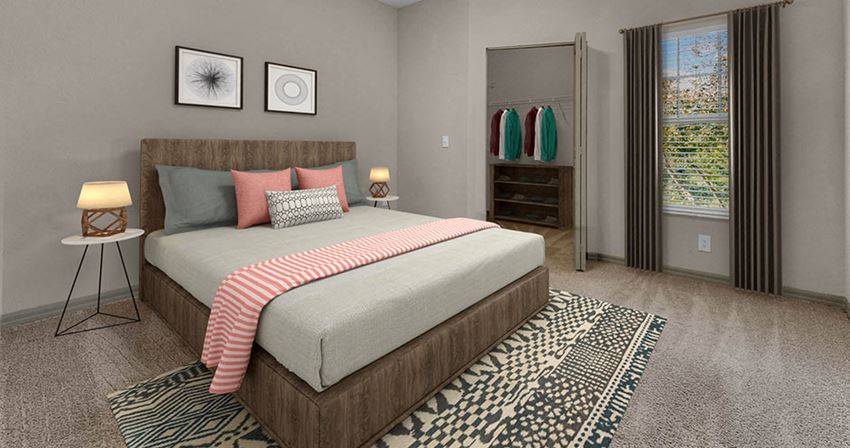 a bedroom with a bed and a closet