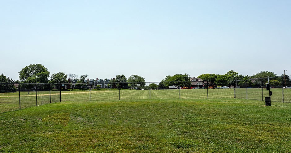 a field with a chain link fence