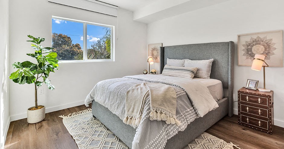 a bedroom with a bed and a window