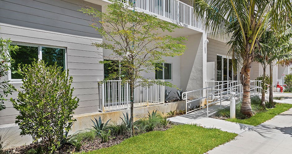 the front of a house with stairs and a palm tree