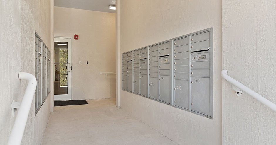 the lockers in the hallway of a building