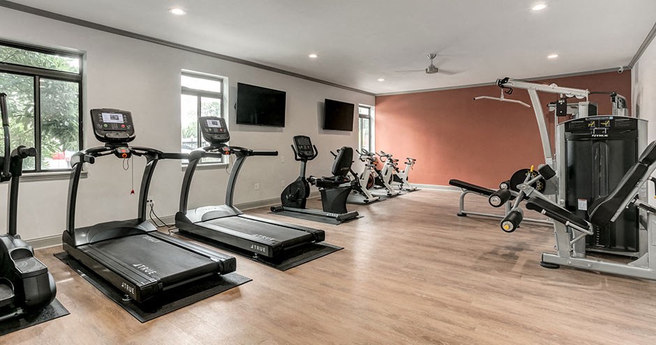 the gym is equipped with a variety of exercise equipment
